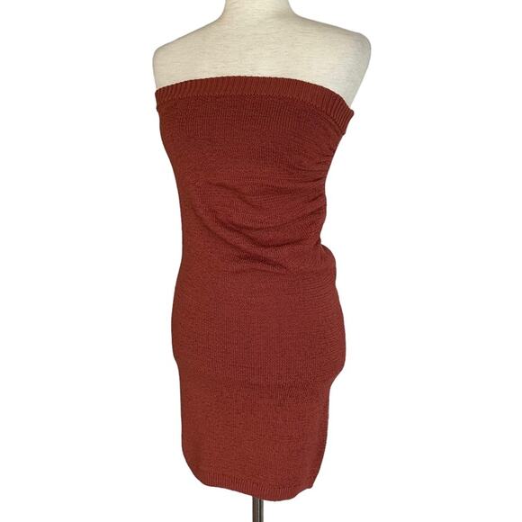 EXPRESS Rust Strapless Knit Sweater Dress Size XS Bodycon Sexy Mini Date Night - Picture 2 of 6
